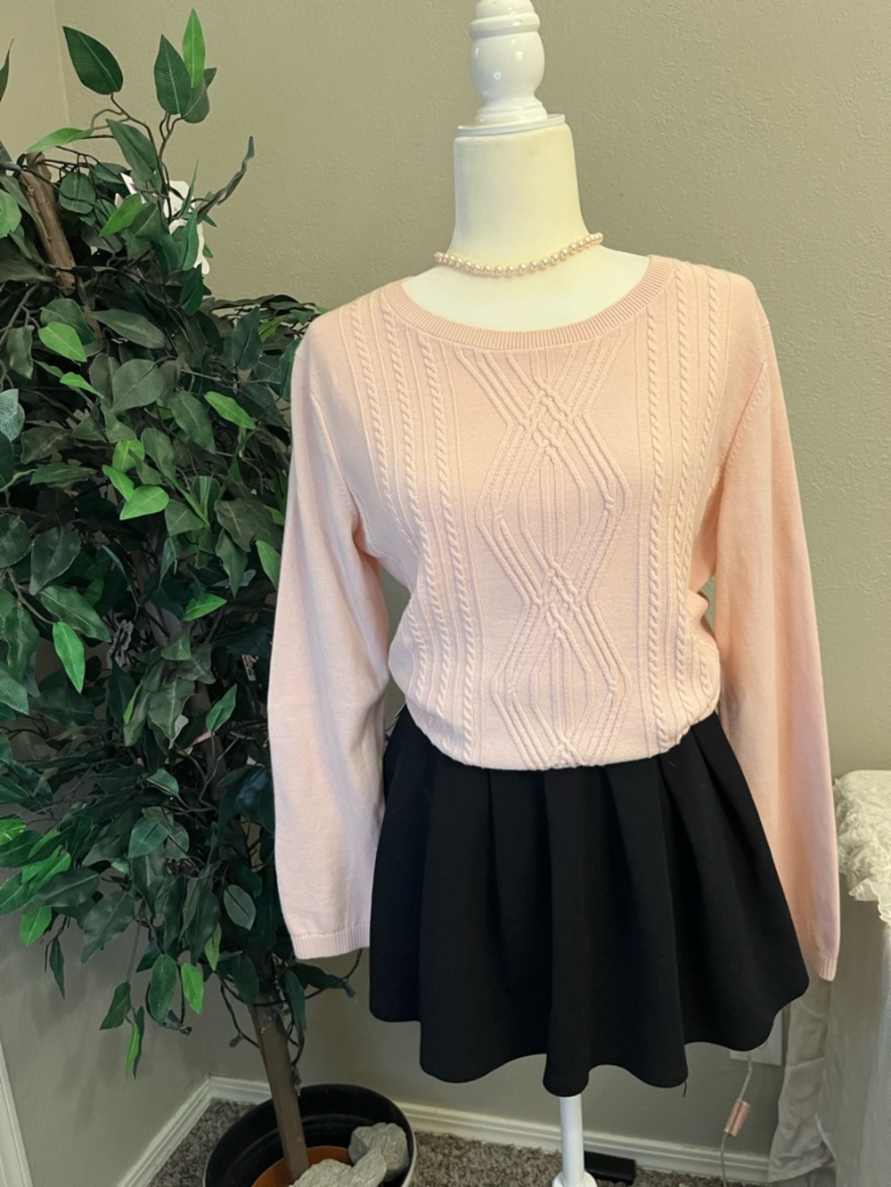 Talbots Light Pink Cable Knit Crew Neck Sweater